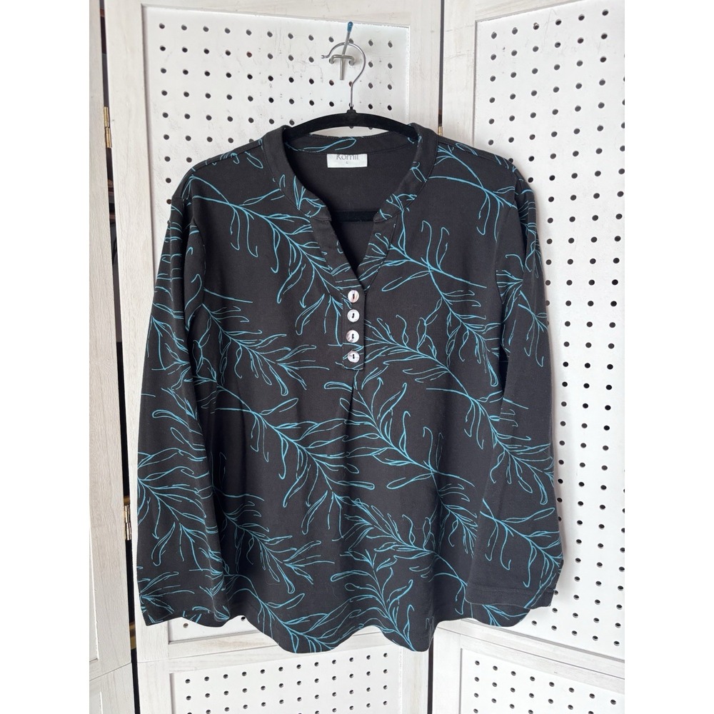 Komil‎ V Neck Button Henley Long SLV Pockets Floral Women's Lg Black Teal
